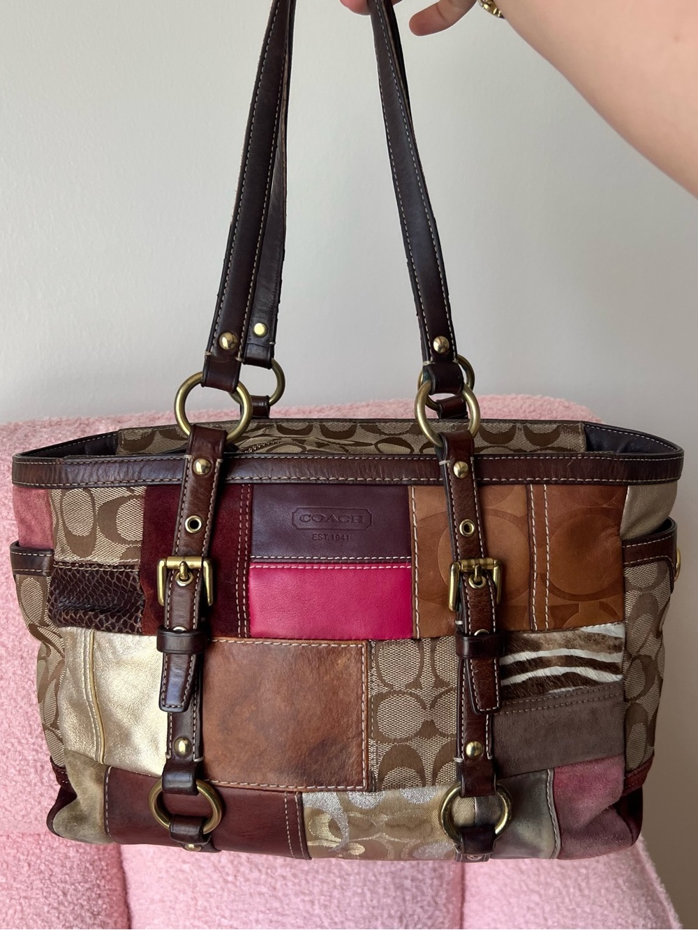 Vintage Coach Holiday Patchwork Leather Suede Gallery Tote